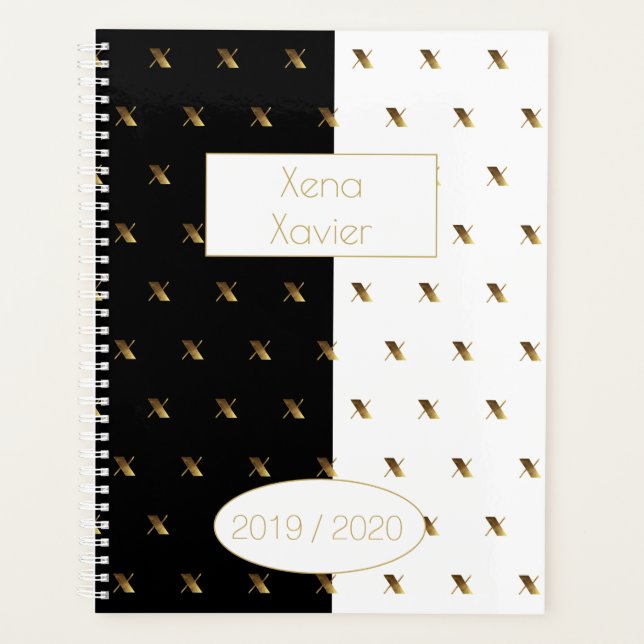 Custom Year 2019 2020 Black White Gold Monogram X Planner (Front)