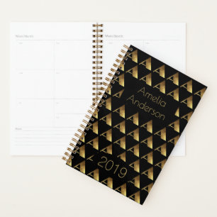 Custom Year 2019 Black Gold Monogram A Elegant Planner