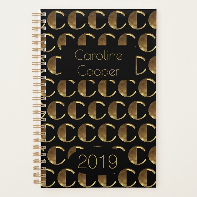 Custom Year 2019 Black Gold Monogram C Elegant Planner (Front)