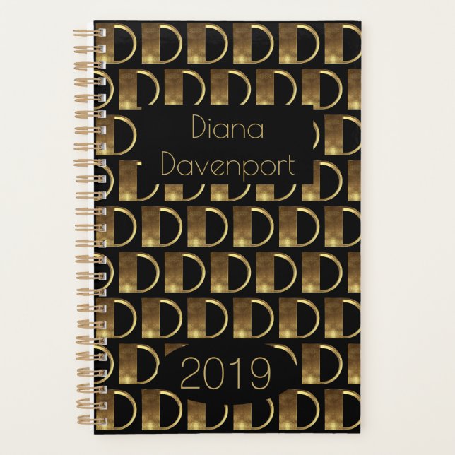 Custom Year 2019 Black Gold Monogram D Elegant Planner (Front)