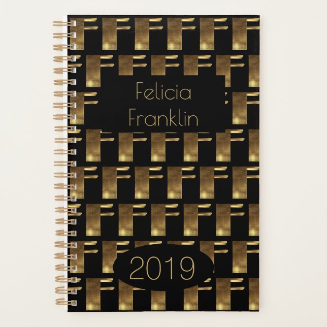 Custom Year 2019 Black Gold Monogram F Elegant Planner (Front)