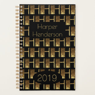 Custom Year 2019 Black Gold Monogram H Elegant Planner