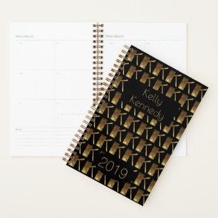 Custom Year 2019 Black Gold Monogram K Elegant Planner