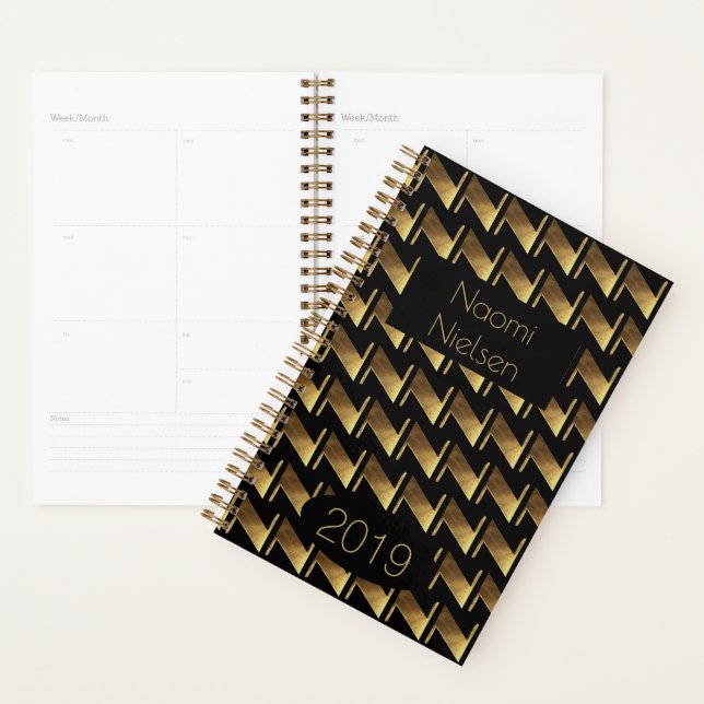 Custom Year 2019 Black Gold Monogram N Elegant Planner (Display)