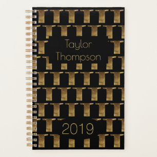 Custom Year 2019 Black Gold Monogram T Elegant Planner