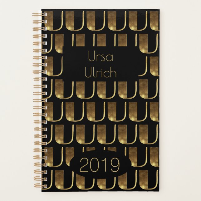 Custom Year 2019 Black Gold Monogram U Elegant Planner (Front)