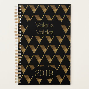Custom Year 2019 Black Gold Monogram V Elegant Planner