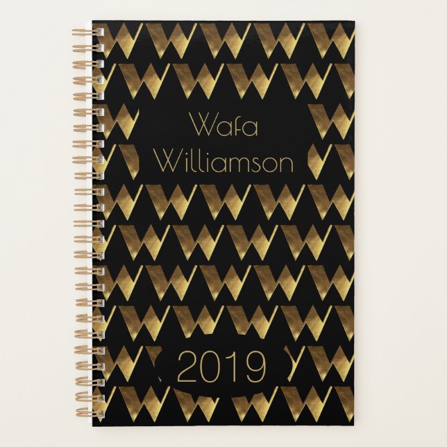 Custom Year 2019 Black Gold Monogram W Elegant Planner (Front)