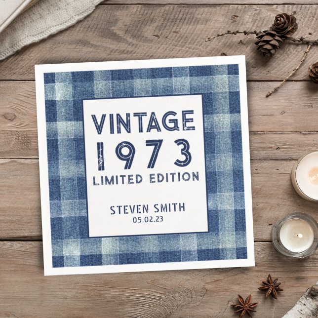 Custom Year 40th Gingham Blue Birthday Party  Napkin (Creator Uploaded)