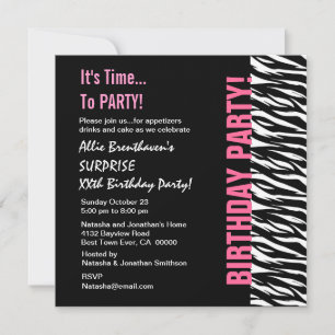 Custom Year Birthday Pink and Black  Zebra V055 Invitation