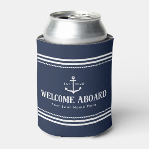 Custom Year Boat Name Navy Blue Welcome Aboard Can Cooler