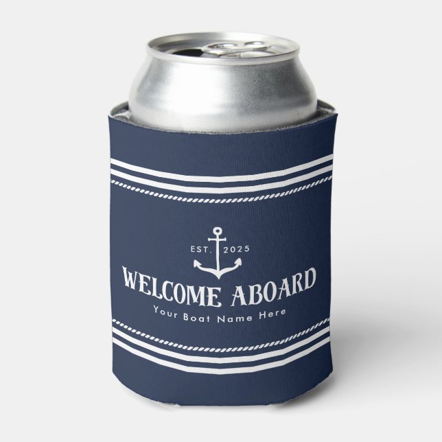 Custom Year Boat Name Navy Blue Welcome Aboard  Can Cooler (Can Front)