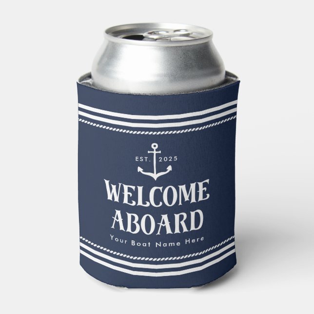 Custom Year Boat Name Navy Blue Welcome Aboard  Can Cooler (Can Front)