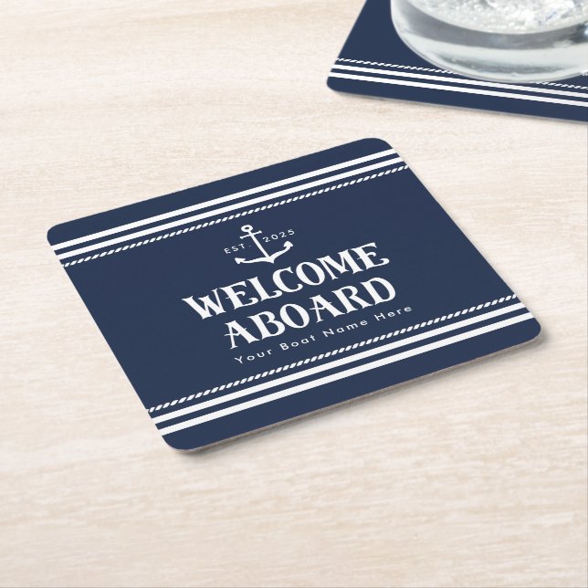 Custom Year Boat Name Navy Blue Welcome Aboard  Square Paper Coaster (Angled)