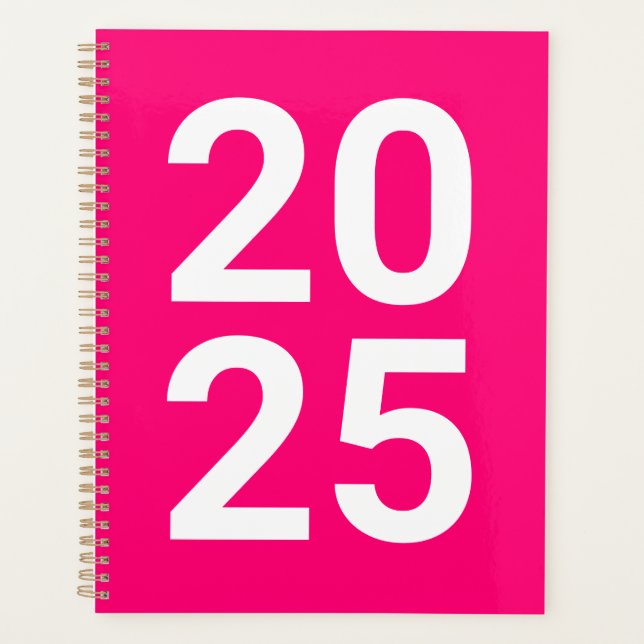 Custom year hot pink modern typography numbers planner (Front)