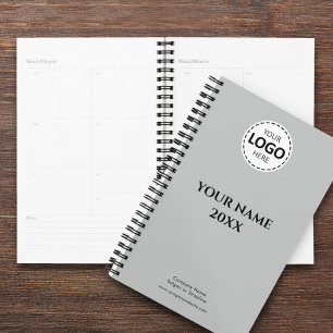 Custom Year, Logo, Name and Text, Grey Diary Planner