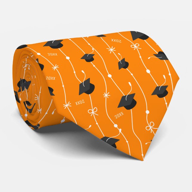 Custom Year Orange Grad Caps & Ribbon Tie (Rolled)
