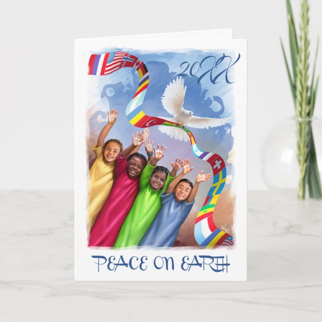 Custom Year | Peace on Earth. Multicultural Kids Holiday Card (Front)