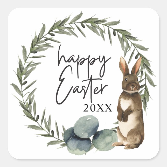 Custom Year Watercolor Easter Wreath Square Sticker (Front)