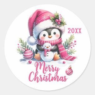 Custom Year White Pink Fun Penguin Merry Christmas Classic Round Sticker