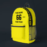 Custom yellow black Name, Number, Team Sport Printed Backpack<br><div class="desc">Create your own custom yellow black Sport Football Style Printed Backpack with Name, Number, Team Name, Slogan and Year. Personalise this simple classic Printed Backpack template with your custom message, name, team name and year. Easily personalise it for a cool sport keepsake. Create your unique personalised gift for coach, girl's...</div>