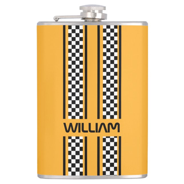 Custom Yellow & Black Race Sport Stripe Hip Flask (Front)