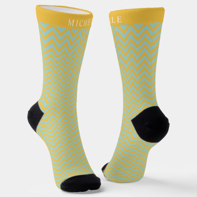 Custom Yellow Blue Chevron Pattern Socks (Angled)