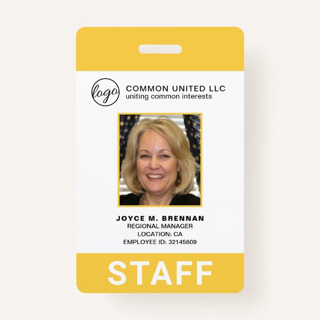 Custom Yellow Business Logo Photo ID Employee ID Badge (Front)