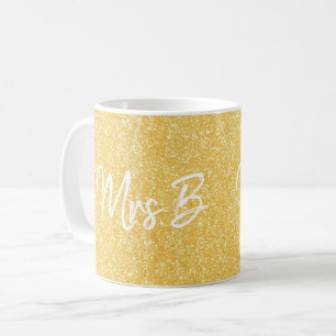 Custom Yellow Gold Mrs Initial Glitter Coffee Mug