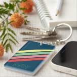 Custom Yellow Green Coral Red Stripes On Dark Blue Key Ring<br><div class="desc">Colourful contemporary retro diagonal red, coral pink, yellow, and light green stripes pattern design on a dark blue coloured background. With the option to customise or personalise with a name, monogram, or initials of your choice. Beautiful, modern and cool cover for the trend-savvy and art-loving hip trendsetter, vintage retro look...</div>