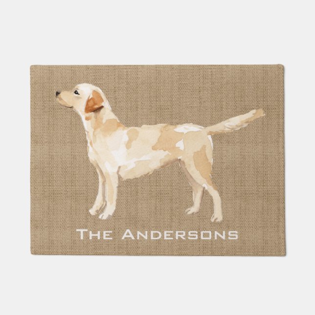 Custom Yellow Lab Watercolor Silhouette Tan Burlap Doormat (Front)
