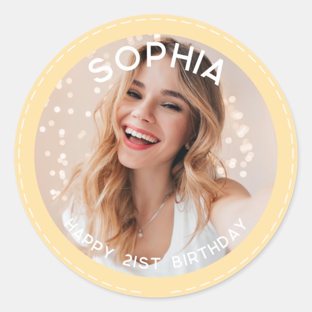 Custom Yellow Modern 21st Birthday Photo Classic Round Sticker (Front)