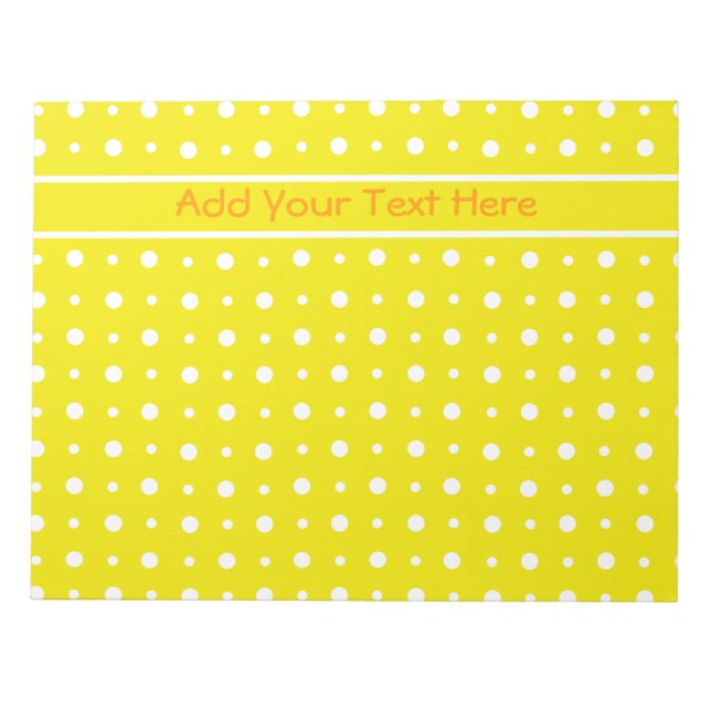 Custom Yellow Notepad or Jotter, White Polka Dots (Front)