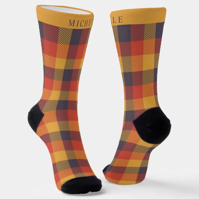 Custom Yellow Orange Purple Chequered Pattern Socks (Angled)