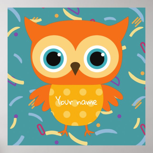Custom yellow owl blue pattern vintage nursery poster (Front)