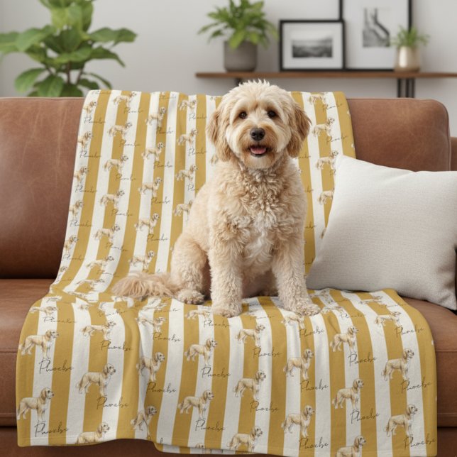 Custom Yellow Stripe Golden Doodle Pet Name Fleece Blanket (Get cozy with this "Custom Yellow Stripe Golden Doodle Pet Name Fleece Blanket"!)