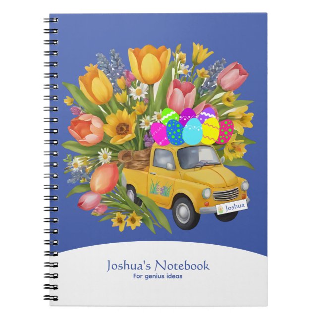 Custom Yellow Truck Carrying Easter Eggs Flowers Notebook (Front)