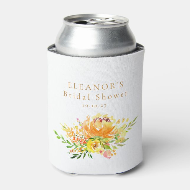 Custom Yellow Watercolor Floral Bridal Shower  Can Cooler (Can Front)