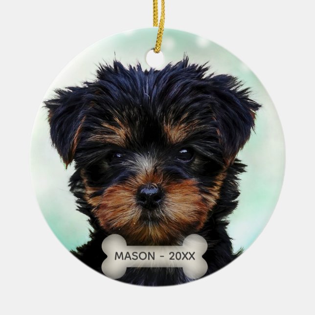 Custom Yorkshire Terrier Puppy Dog Photo Ceramic Tree Decoration (Front)