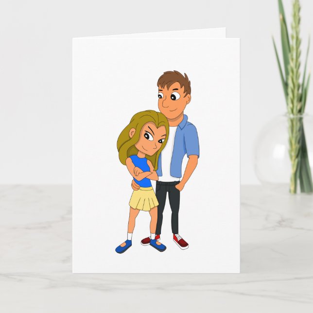 Custom young happy couple cartoon holiday card (Front)