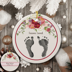 Custom Your Baby's Foot Prints Red Floral Memory Ceramic Tree Decoration