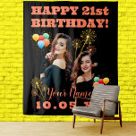 CUSTOM YOUR Birthday party photo black orange  Tapestry<br><div class="desc">IMPORTANT PLEASE USE [ TRANSPARENT IMAGES ] A tapestry for a 21st (or any age) birthday party for guys. An elegant modern black background. Personalise and add your own high-quality photo of the birthday boy/man. The text: The name is white with a modern hand-lettered style script. Templates for a name,...</div>