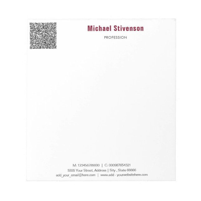 Custom Your Business QR Code Text Info Notepad (Front)
