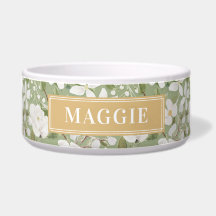 Custom Your Dog Name Green Floral Ceramic Pet Bowl