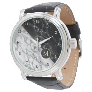 Custom Your Letter Black White Marble Watch
