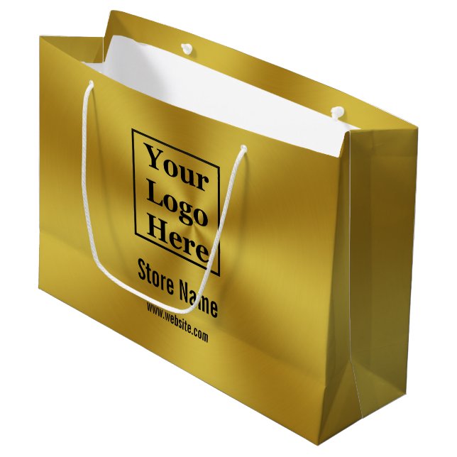 Custom Your Logo Here on Brushed Gold Look Large Gift Bag (Front Angled)