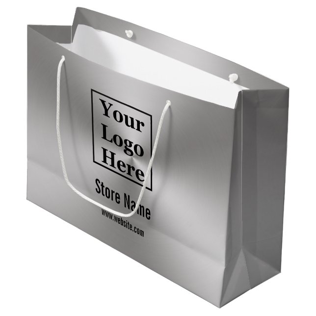 Custom Your Logo Here on Brushed Metal Look Large Gift Bag (Front Angled)