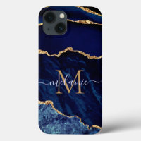 Custom Your Name Agate Navy Blue Gold Marble