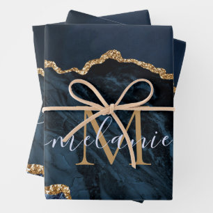 Custom Your Name and Letter Navy Blue Gold Marble Wrapping Paper Sheet
