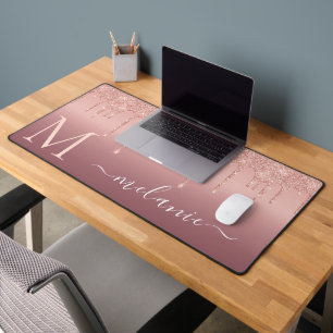 Custom Your Name Letter Rose Gold Blush Glitter Desk Mat